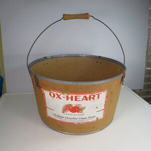 Vintage Ox Heart Chocolate Cream Drops Candy Cardboard Bucket with RUST & metal